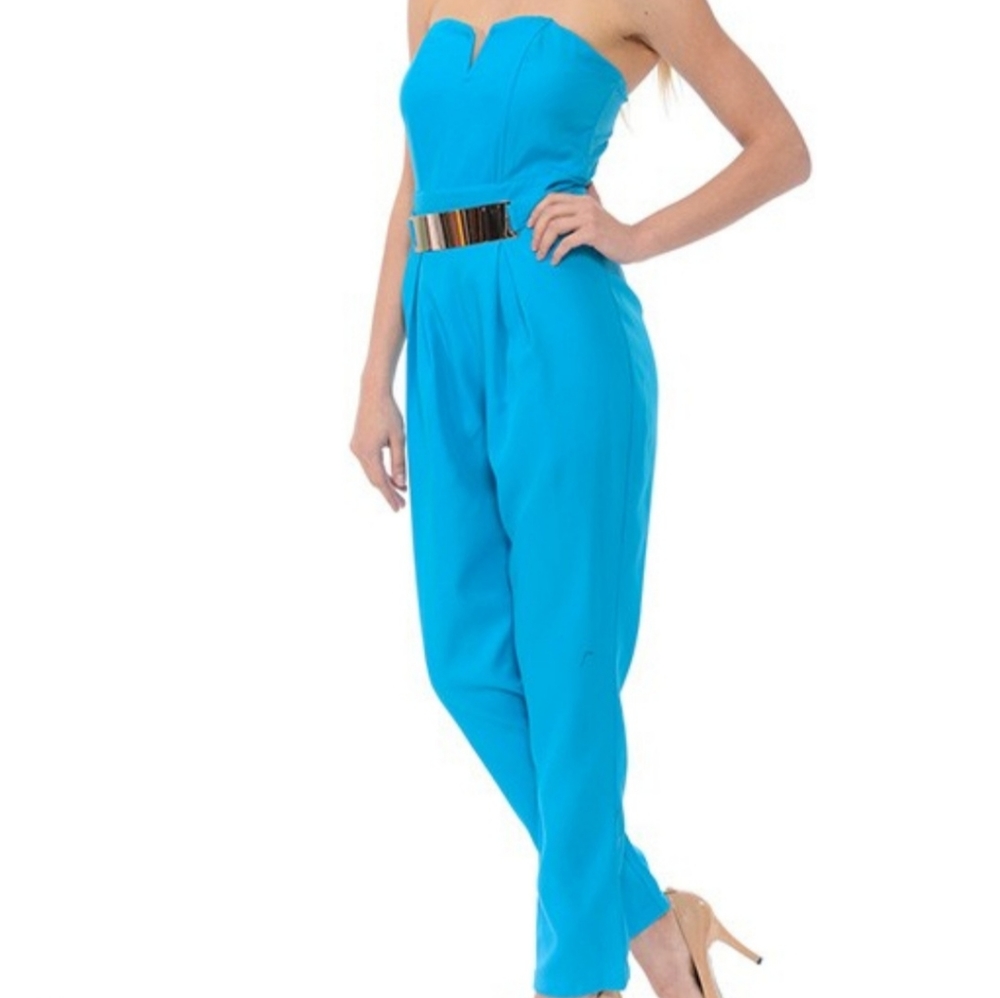 Strapless Jumpsuit with Belt Plate